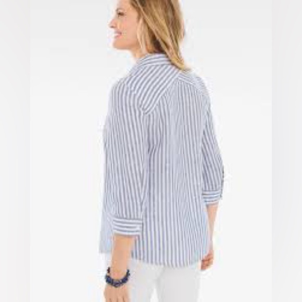 Chico's Women's Blue and White Striped Linen Button Down Non-Iron Shirt - Small - Picture 10 of 10